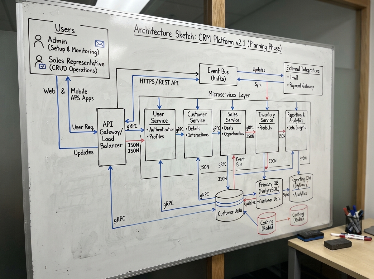 Architekturdiagramm auf einem Whiteboard – Rollen, Datenflüsse und Systemverbindungen verständlich skizziert