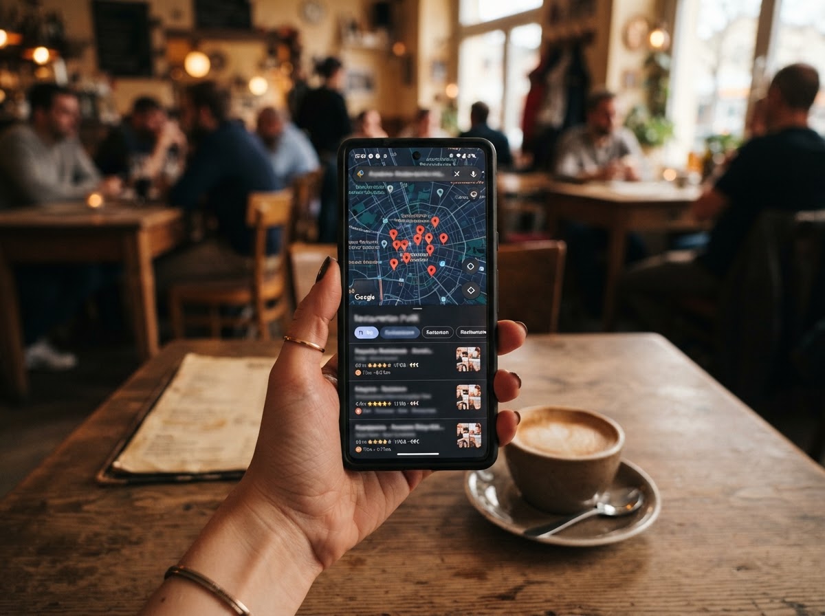 Smartphone mit Restaurantsuche und Bewertungen