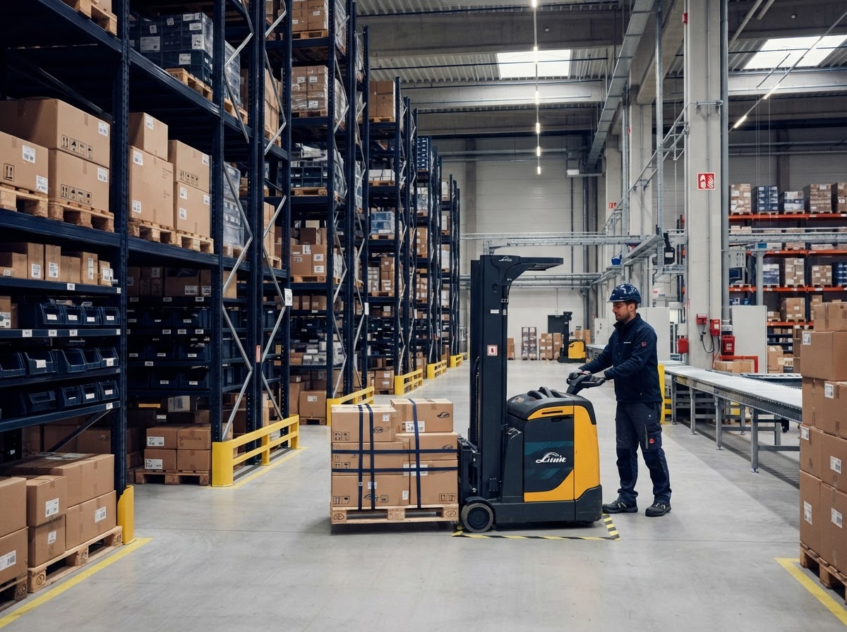 Moderne Logistikhalle mit geordneten Regalen und Förderband