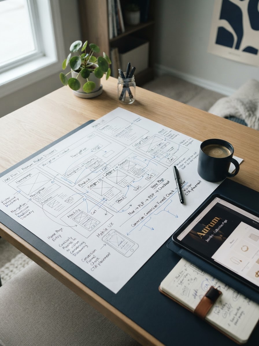 Strategie-Workspace mit Website-Wireframe und Besucherweg