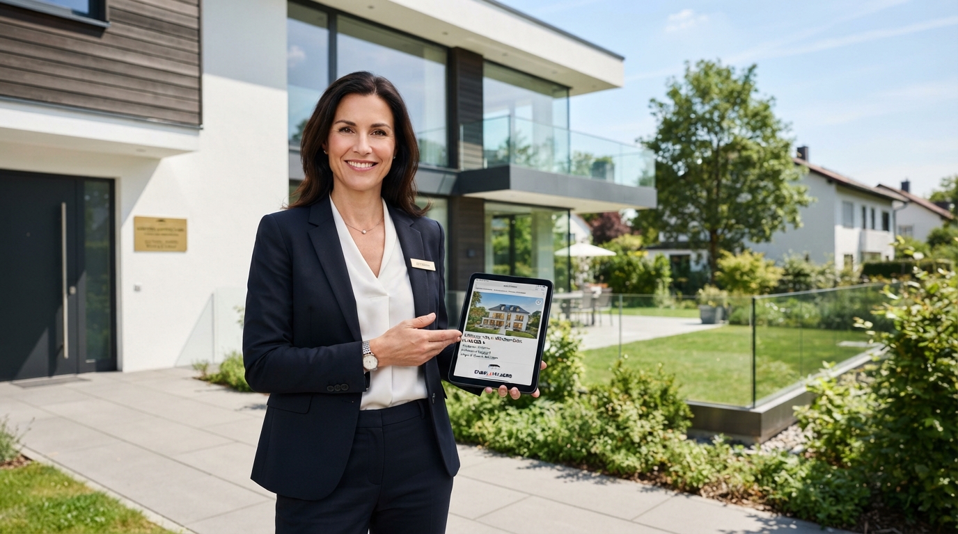 Immobilienmakler vor einem modernen Wohnhaus