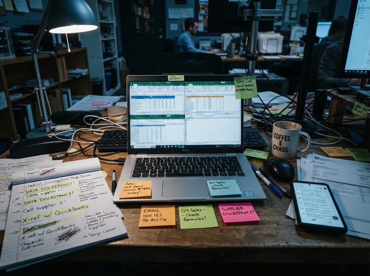 Unordentlicher Schreibtisch mit mehreren Excel-Listen, Notizzetteln und E-Mails – typische KMU-Situation mit manuellen Workarounds