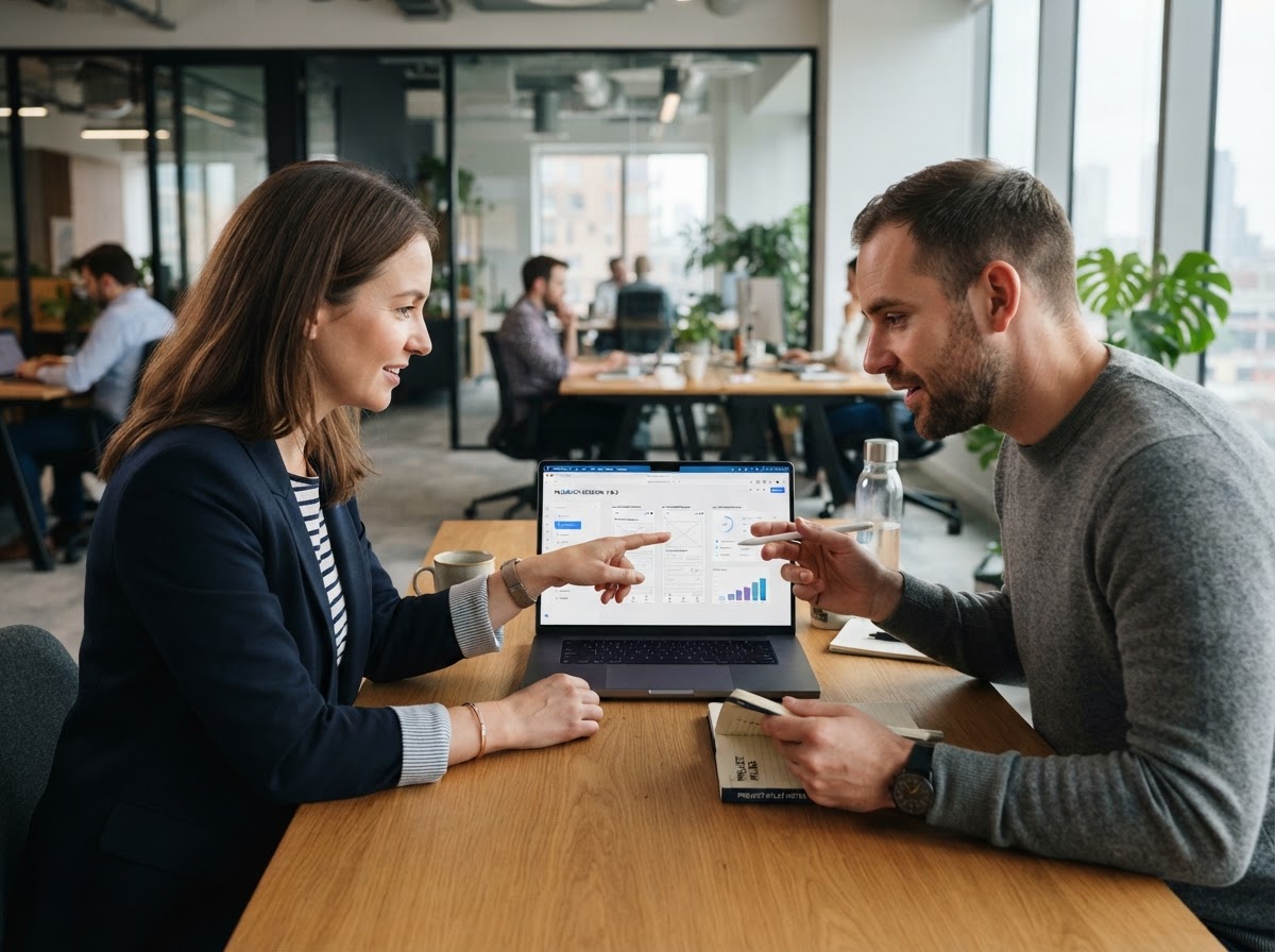 Zwei Kollegen reviewing einen Software-Prototyp auf einem Laptop – frühe Feedbackphase in der Entwicklung