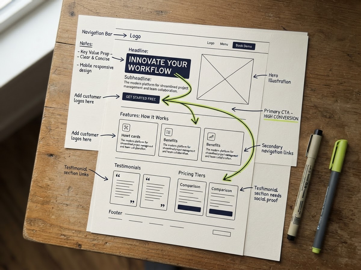 Landingpage-Wireframe mit annotiertem Nutzerweg