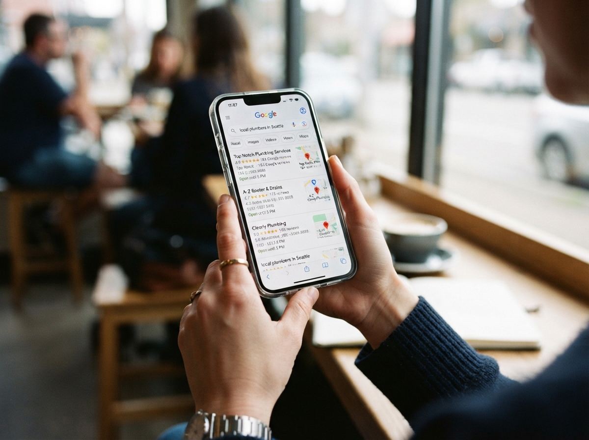 Smartphone mit lokaler Suche nach einem Handwerksbetrieb