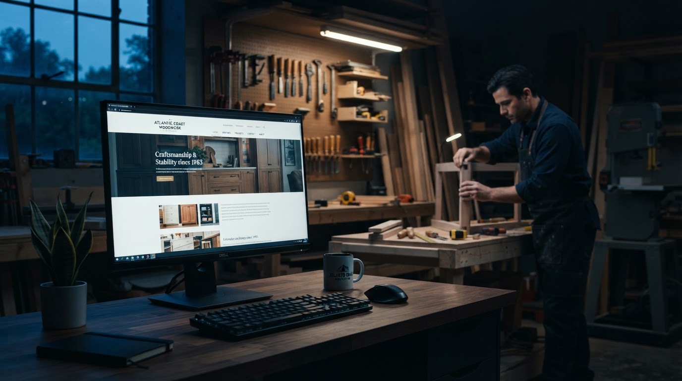 Moderner KMU-Arbeitsplatz mit professioneller Website auf großem Monitor – ruhige Betreuungssituation