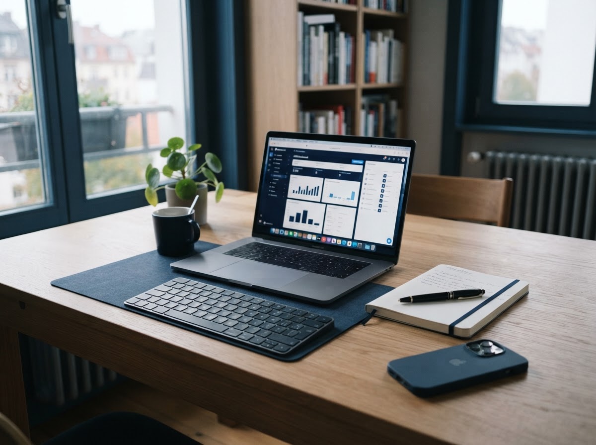 Aufgeräumter Arbeitsplatz mit sauberem CRM-Dashboard auf dem Laptop – zentrale Kontaktverwaltung