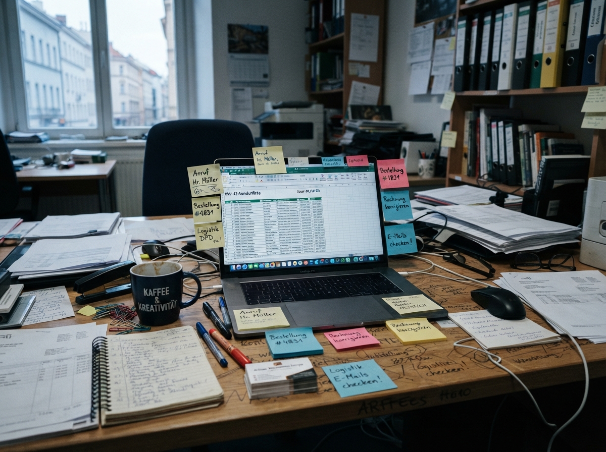 Unordentlicher Schreibtisch mit verstreuten Notizen und Excel-Listen – typische KMU-Situation ohne zentrale Kontaktverwaltung