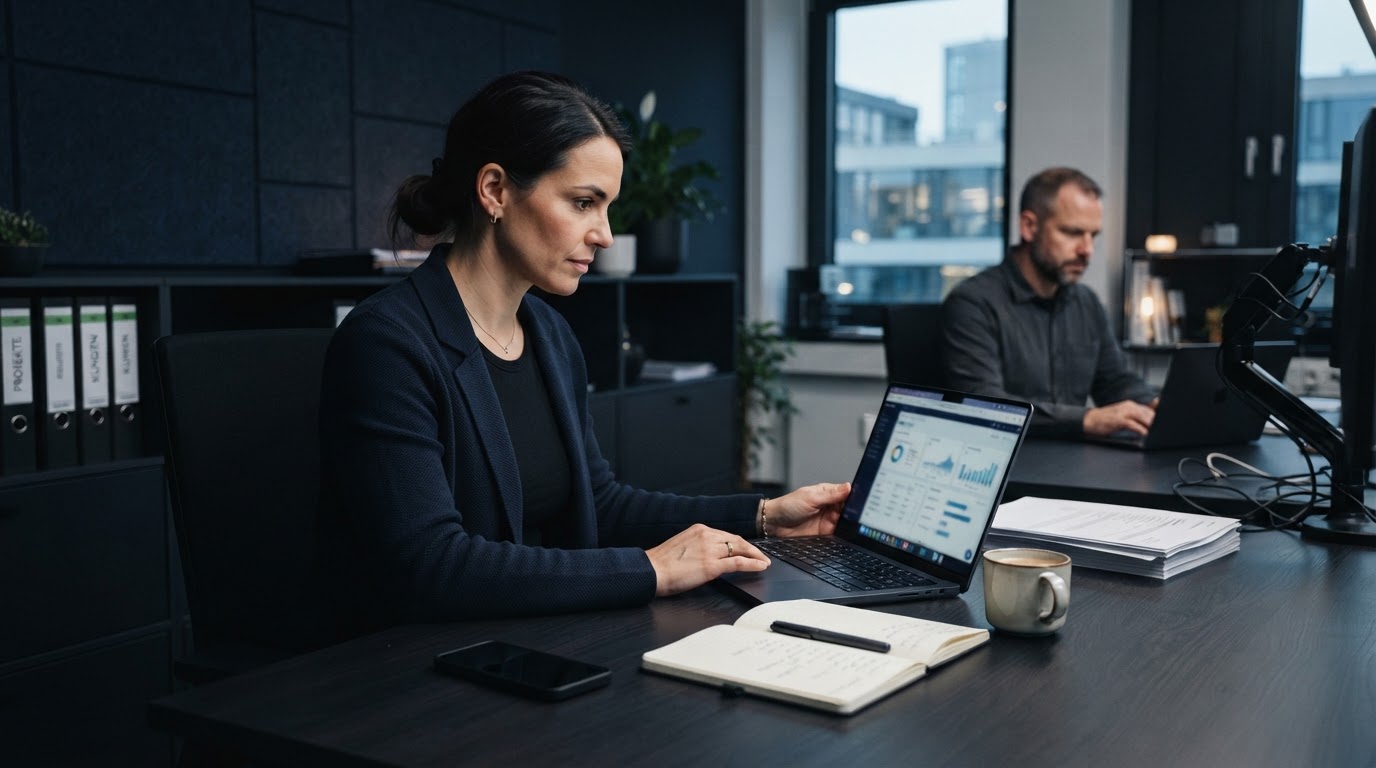 Konzentrierter Arbeitsplatz mit CRM-System und strukturiertem Kundenkontakt