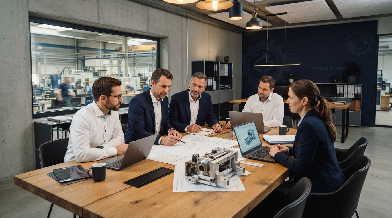B2B-Unternehmen: Ingenieure prüfen technische Spezifikationen und Baupläne