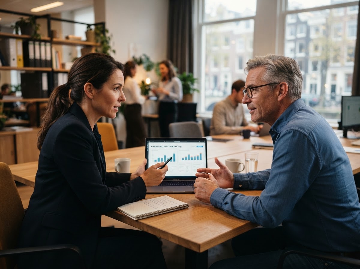 Berater und Unternehmer besprechen gemeinsam CRM-Lösungen am Laptop