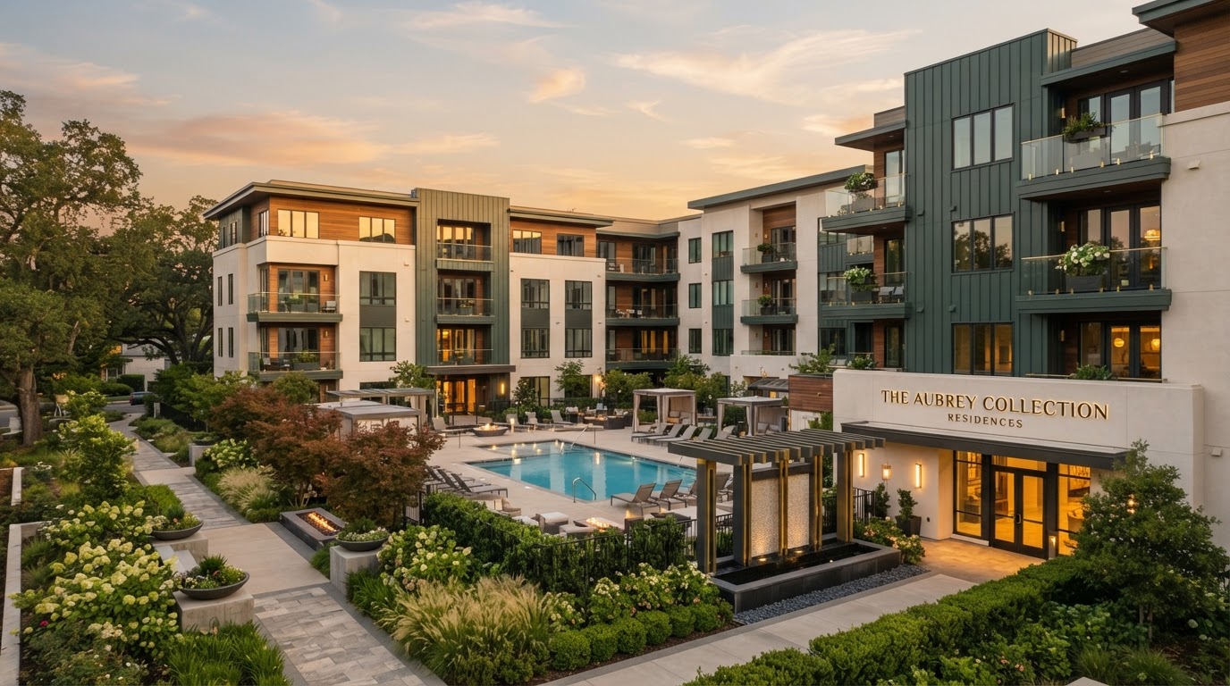 A modern upscale multifamily apartment community at golden hour, with manicured landscaping and clean contemporary architecture.