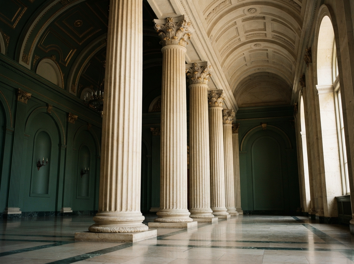 Seven classical columns representing the seven pillars of wealth