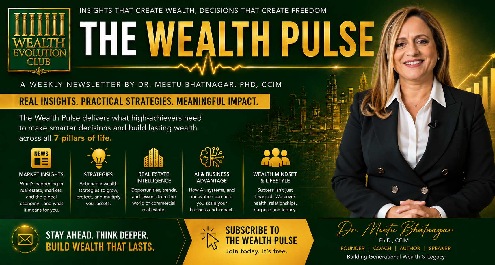 The Wealth Pulse — newsletter by Dr. Meetu Bhatnagar covering the 7 Pillars of Wealth