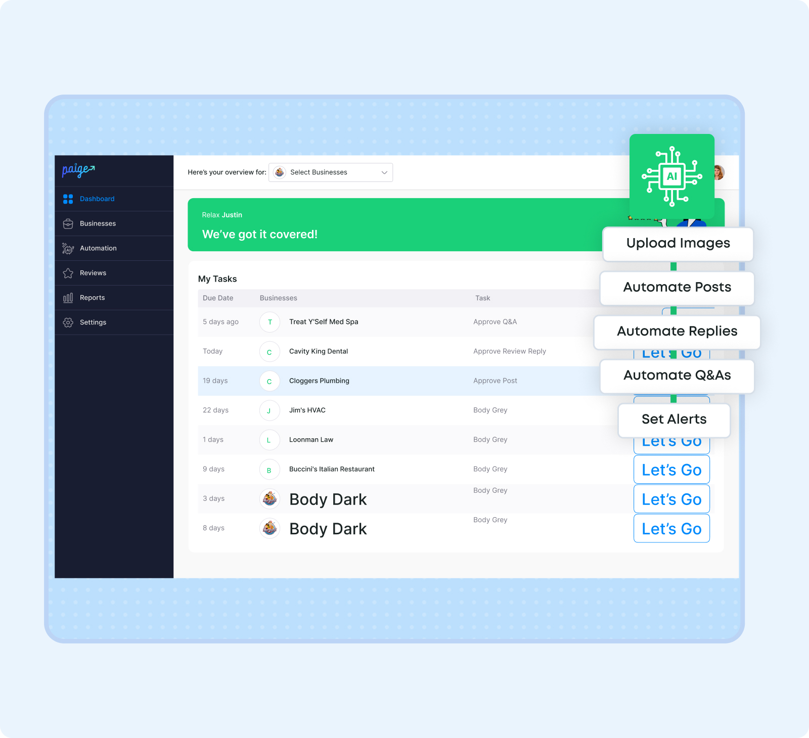 Joni AI Zero Extra Work - automated task dashboard showing Upload Images, Automate Posts, Automate Replies, Automate Q&As, and Set Alerts running autonomously in background