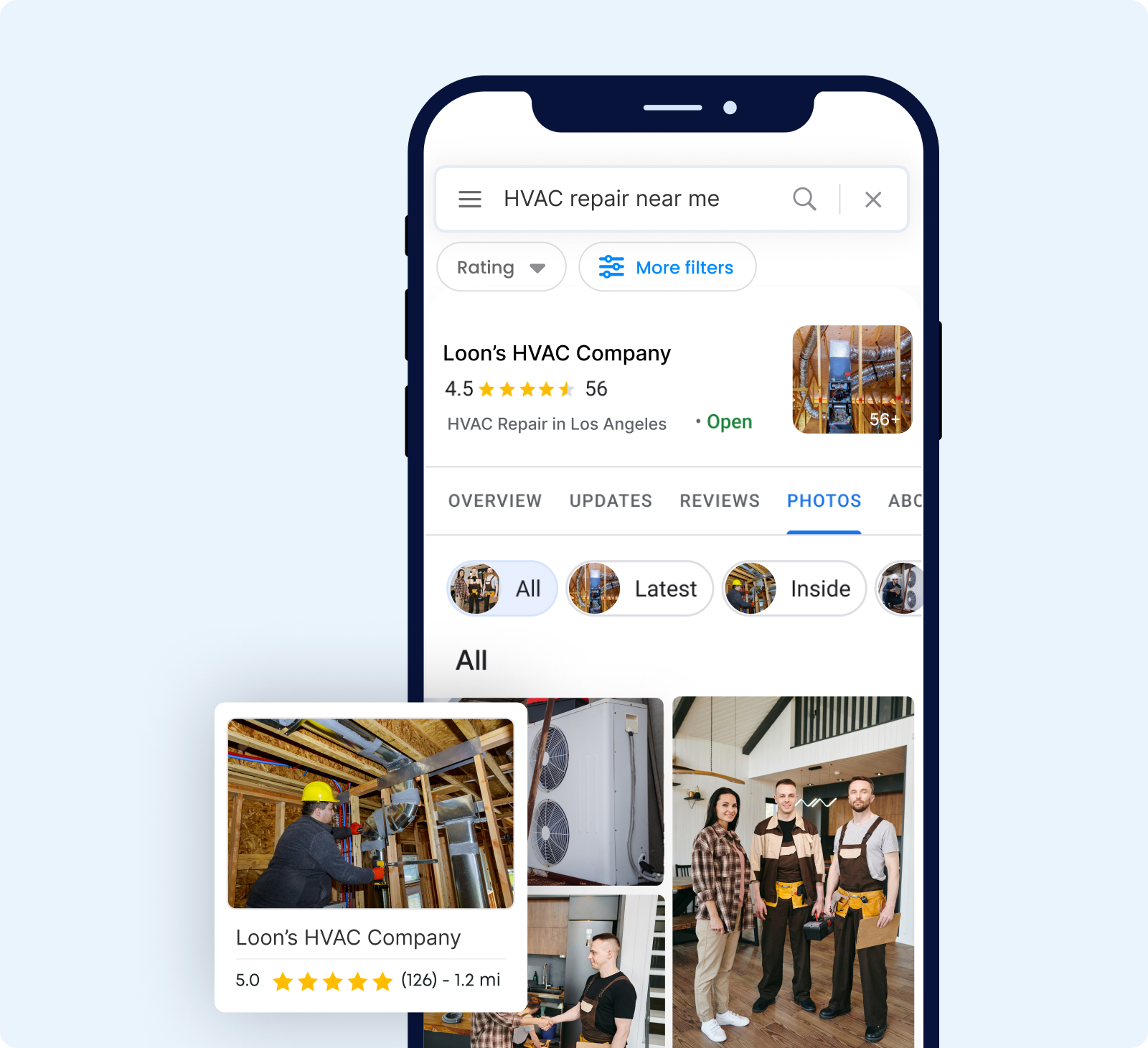Joni AI local keyword alignment - HVAC company ranking #1 in Google Maps local search results with photos and reviews