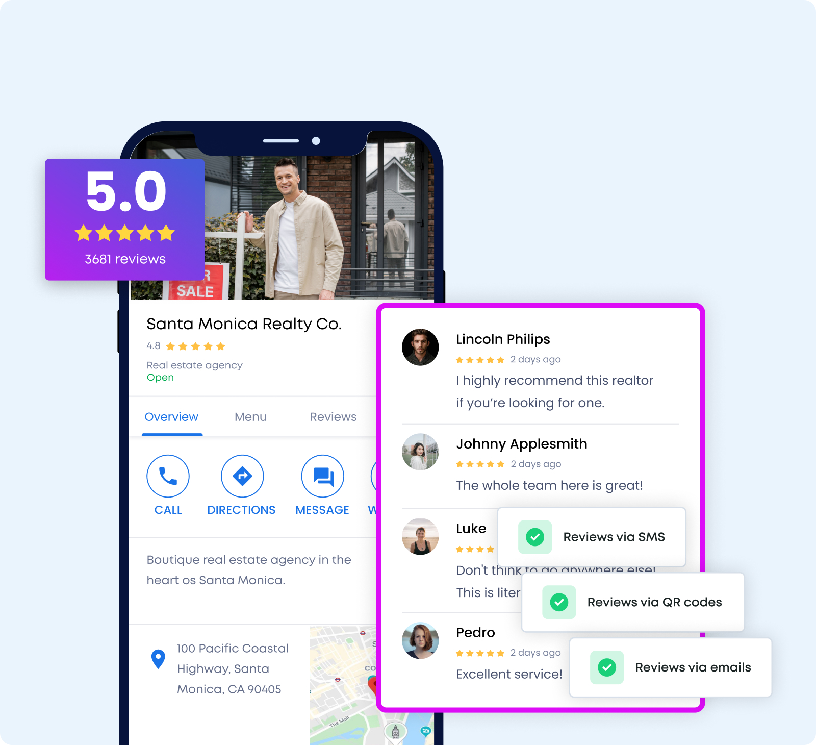 Joni AI review collection via SMS, QR codes, and emails - 5.0 rating with 3681 reviews
