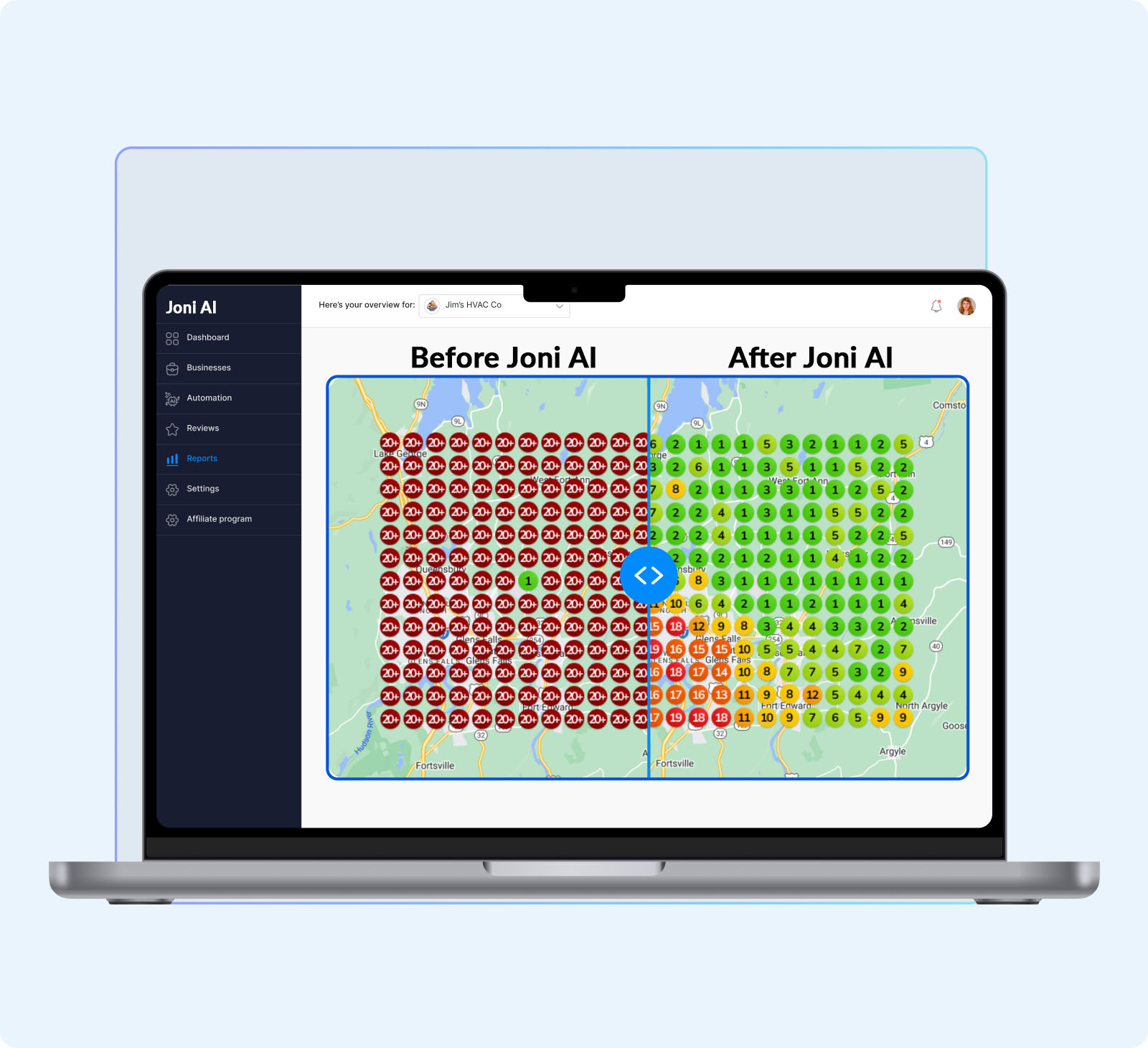 Joni AI performance dashboard - Before vs After local SEO map visibility showing dramatic improvement from red (poor ranking) to green (top positions) across service areas
