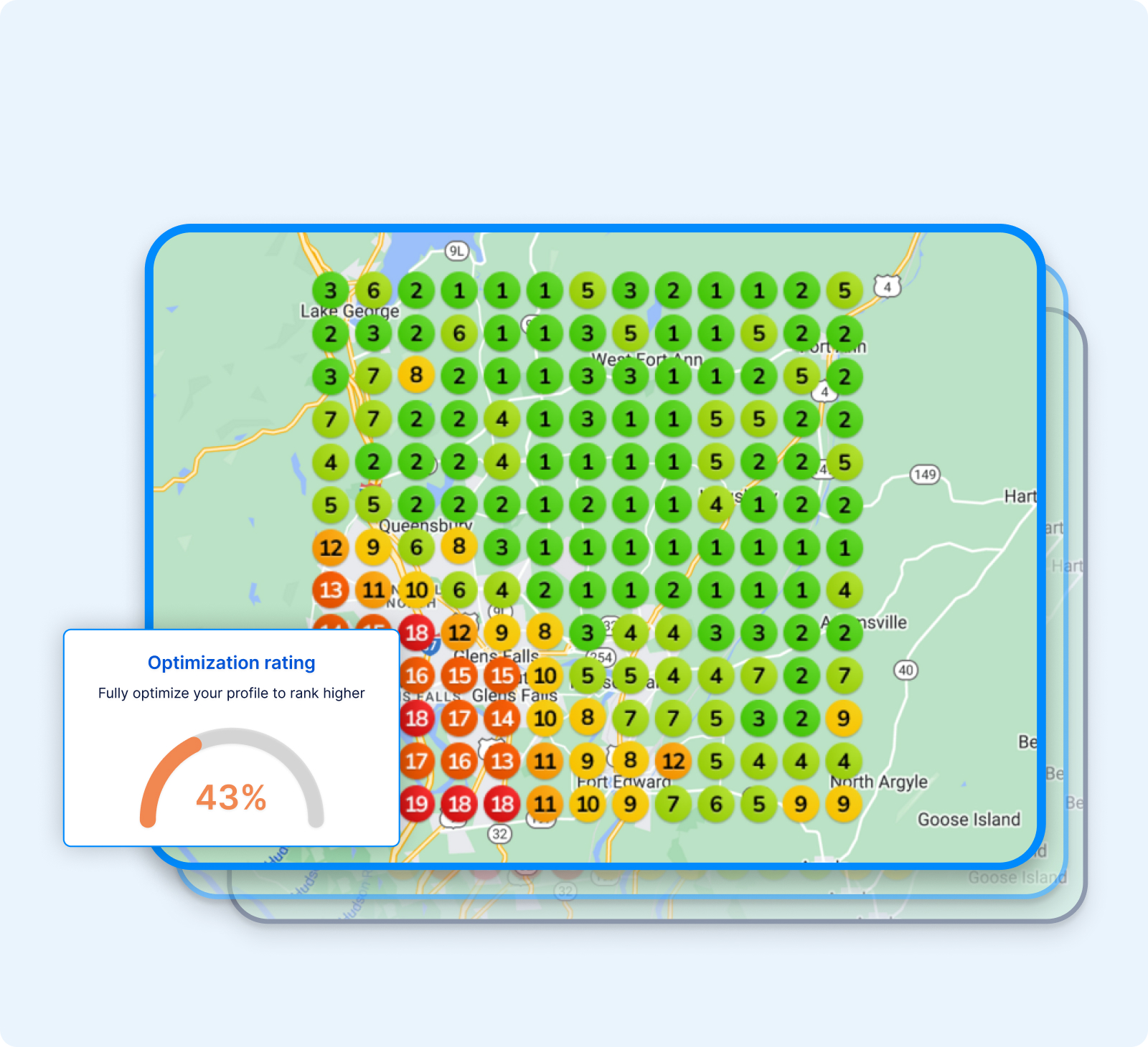 Joni AI optimization rating map - Color-coded local search rankings showing 43% profile optimization score with area-by-area visibility analysis