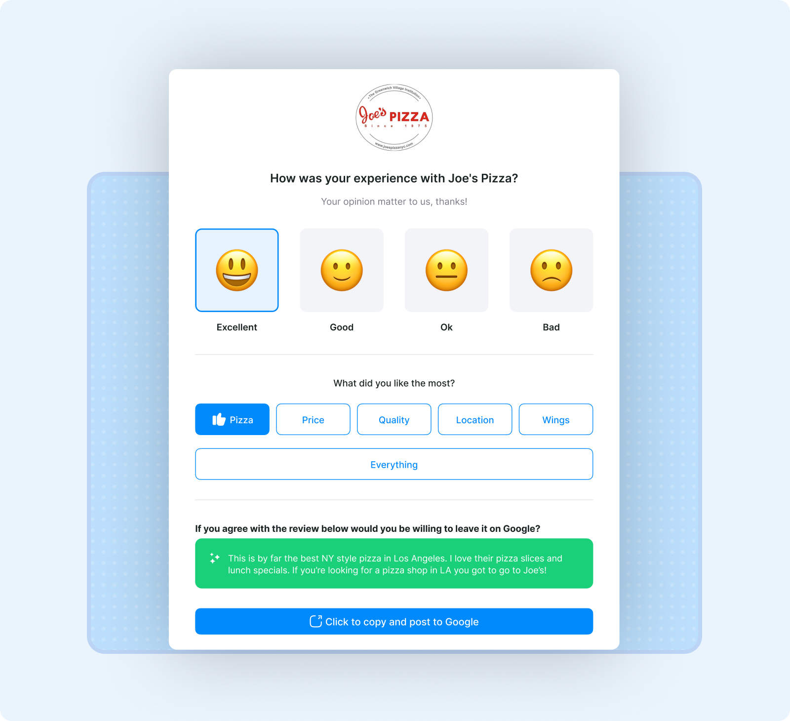 Joni AI Intelligent Review Management - automated customer feedback experience and direct Google review generation flow