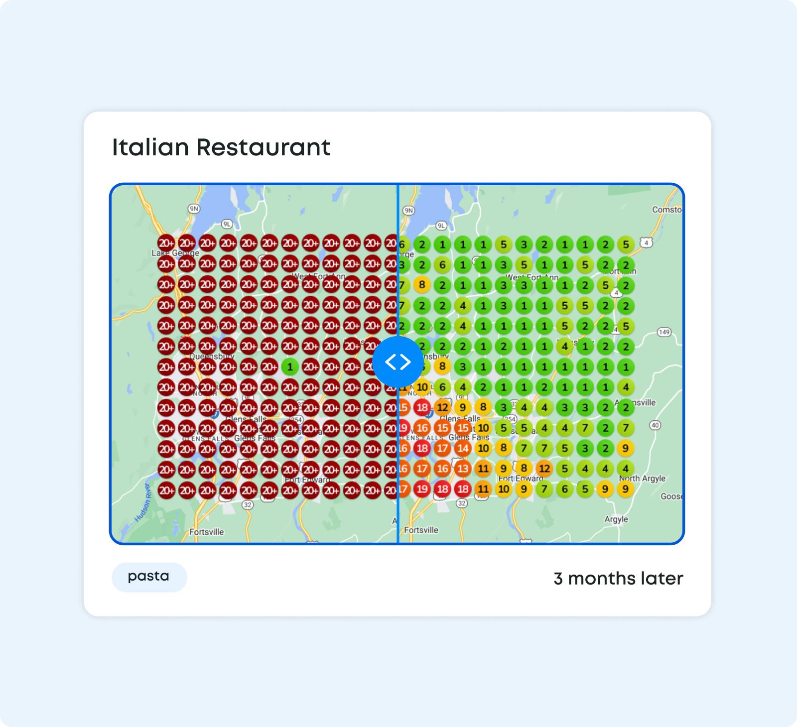 Joni AI map pack improvement - Italian Restaurant local search visibility before and after 3 months of automated optimization