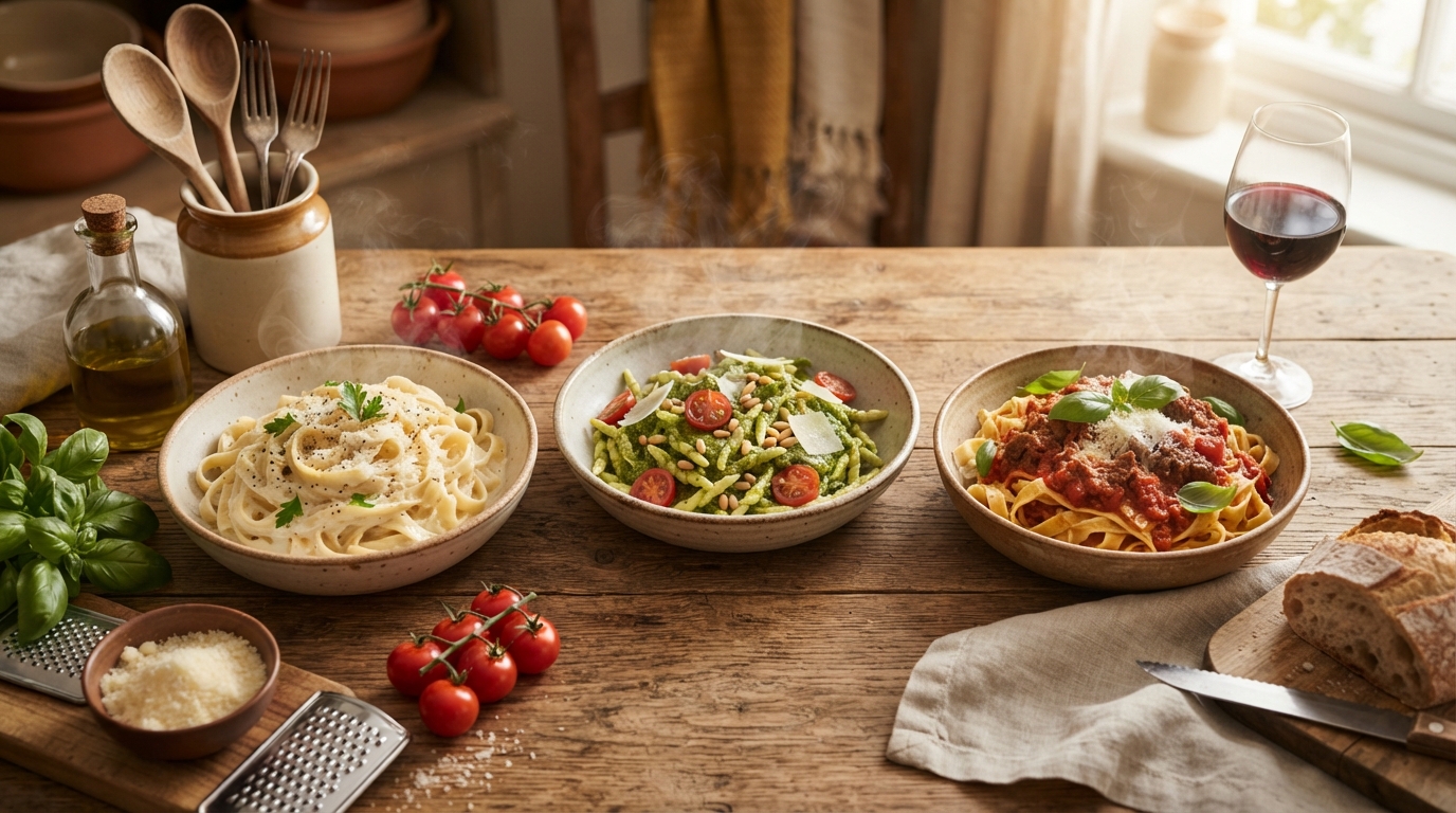 Variedad de pastas artesanales italianas en bowls rústicos