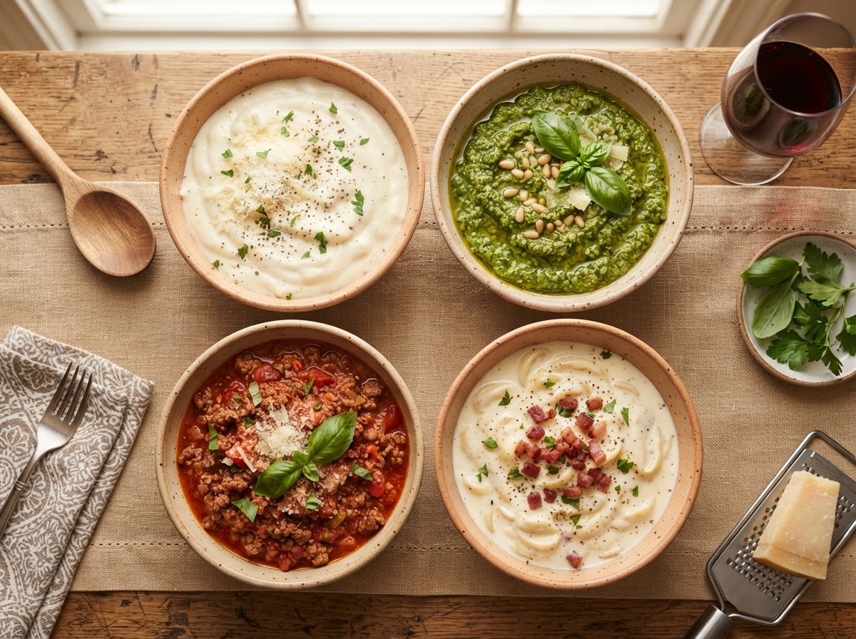 Tipos de salsa disponibles: Alfredo, Boloñesa, Carbonara Americana y Pesto
