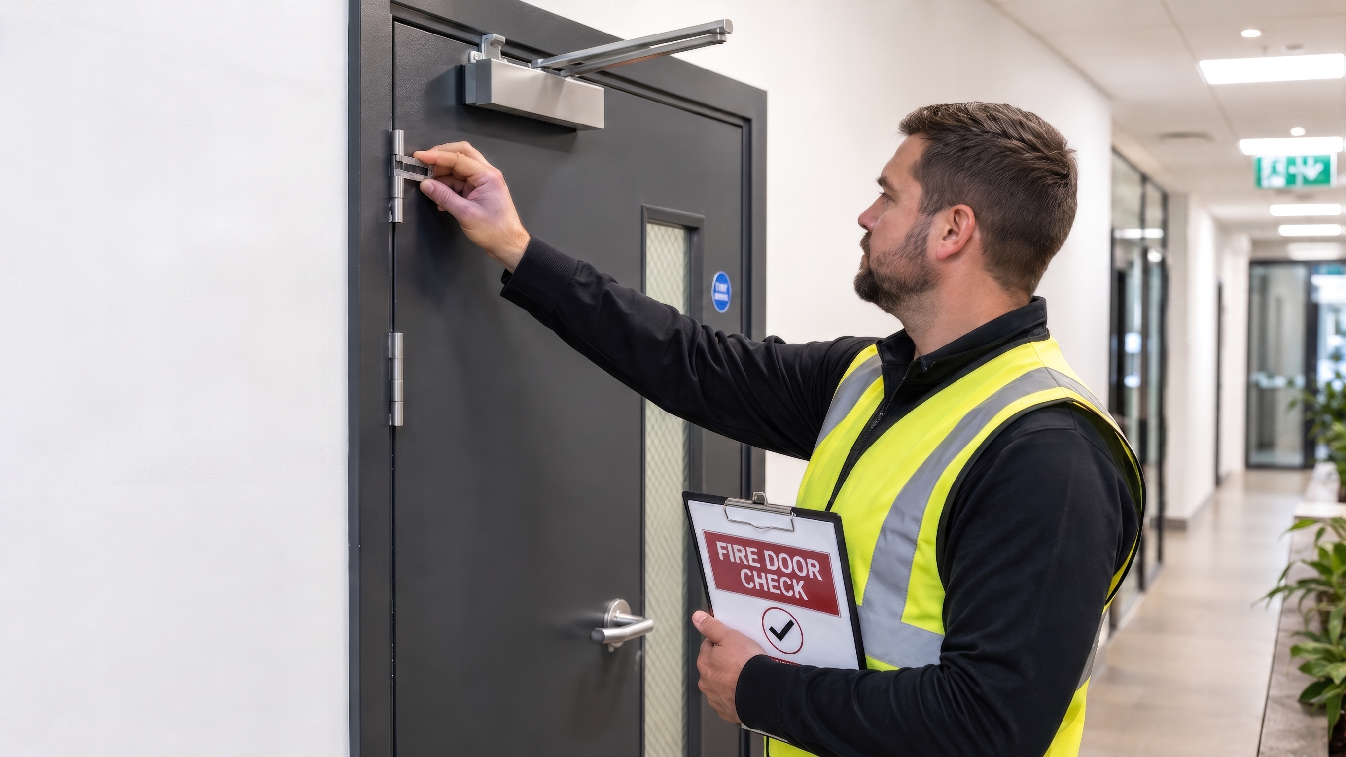Fire door inspector measuring a fire door with a clipboard showing Fire Door Check form