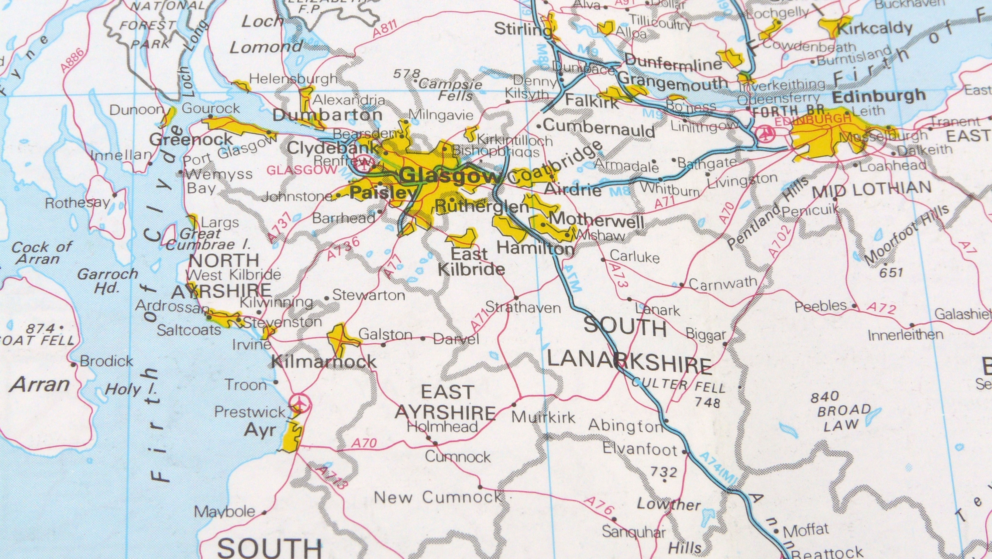 Map of Scotland's Central Belt showing Falkirk, Edinburgh, Glasgow, Stirling and surrounding towns
