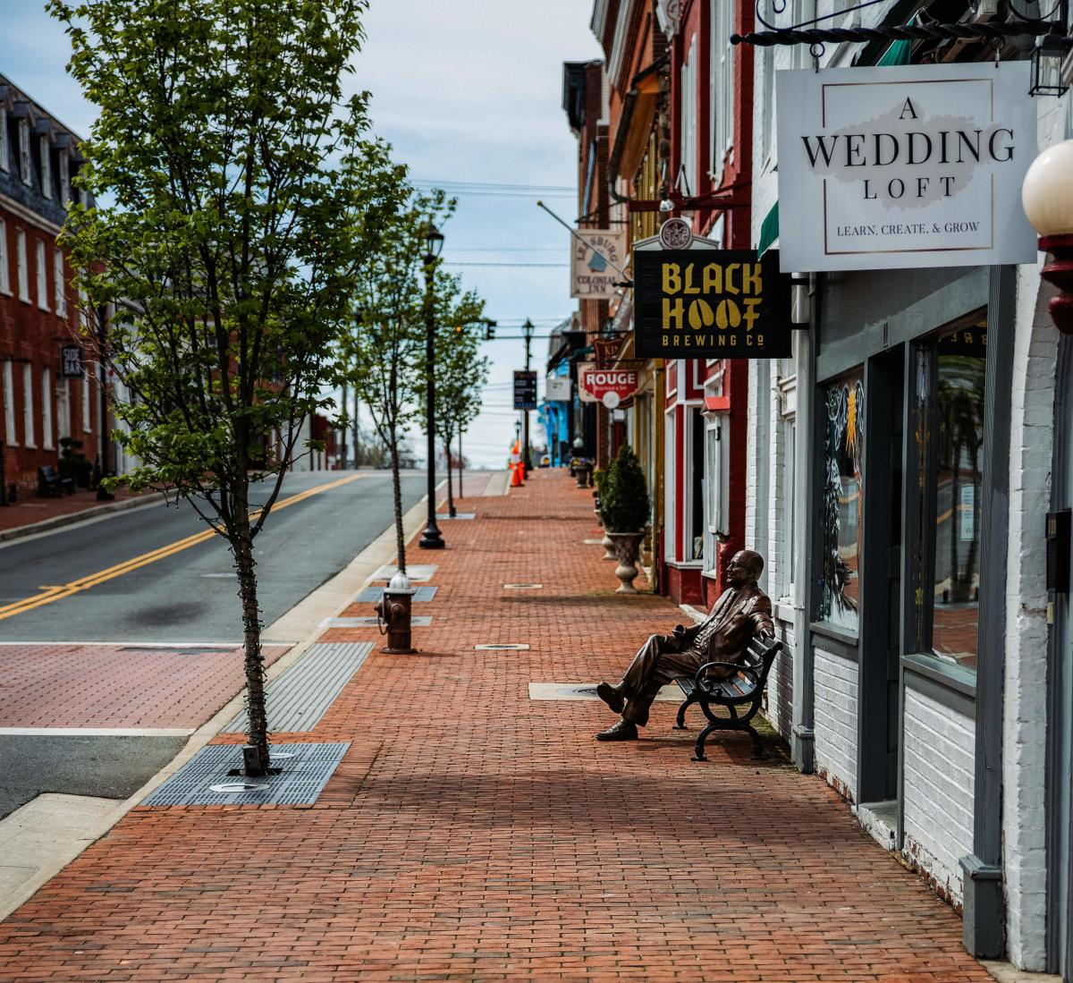 Historic King Street shops and streetscape in downtown Leesburg, Virginia