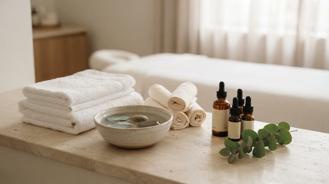Calming spa ambiance with folded towels, serums, and eucalyptus