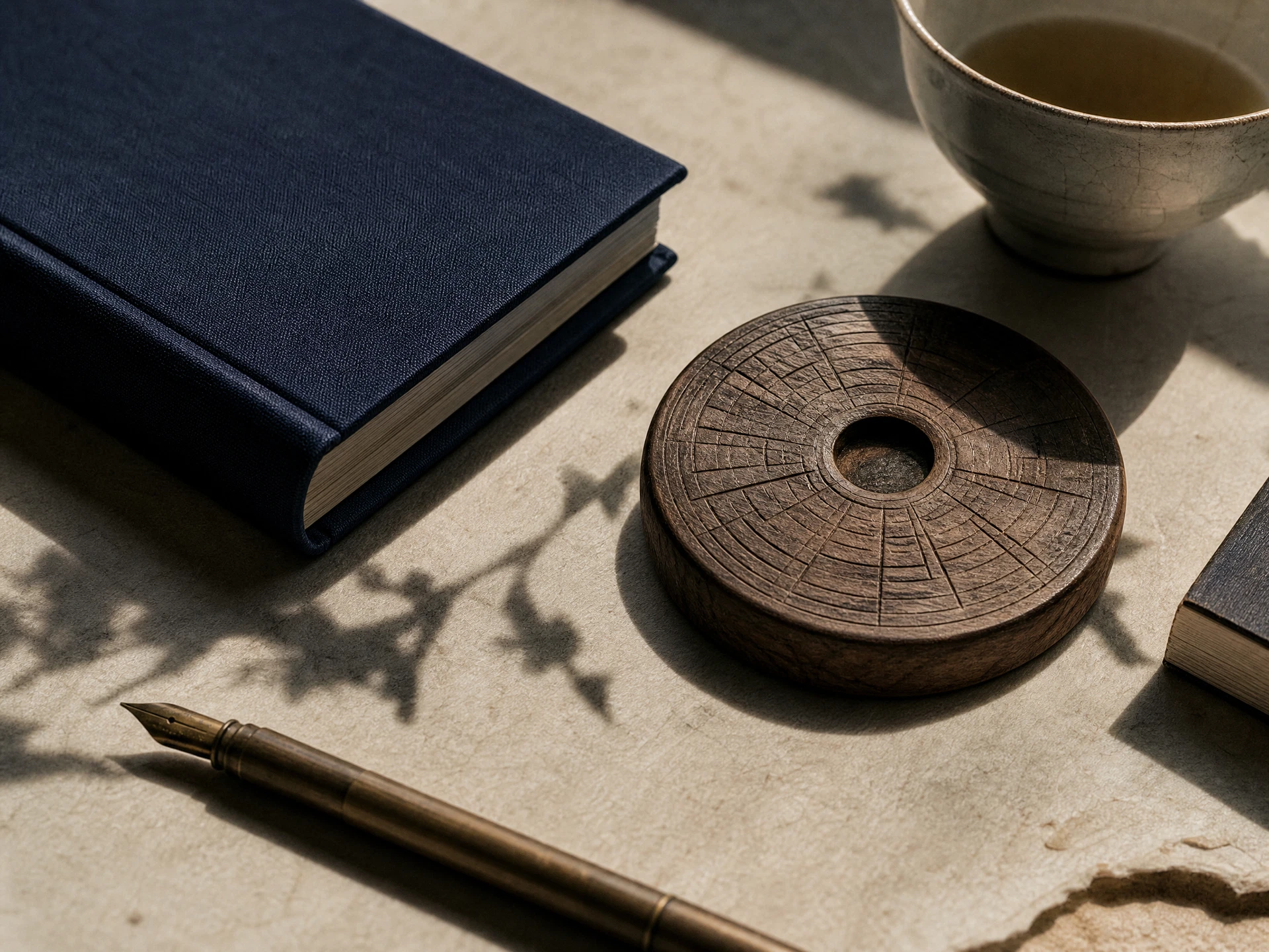 A considered work and practice surface with stone, bowl, and notebook
