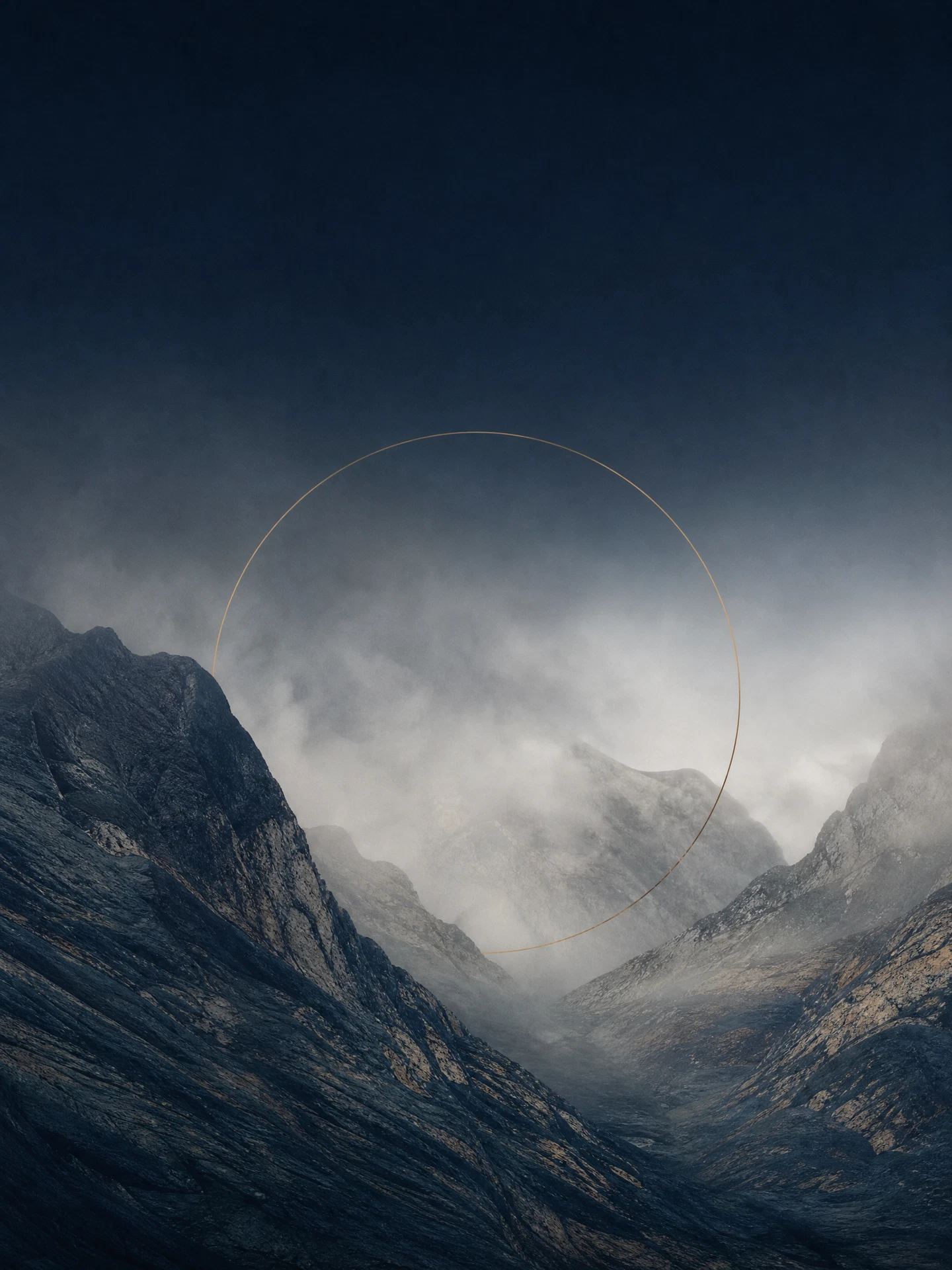 A misted mountain pass with a restrained bronze contour line