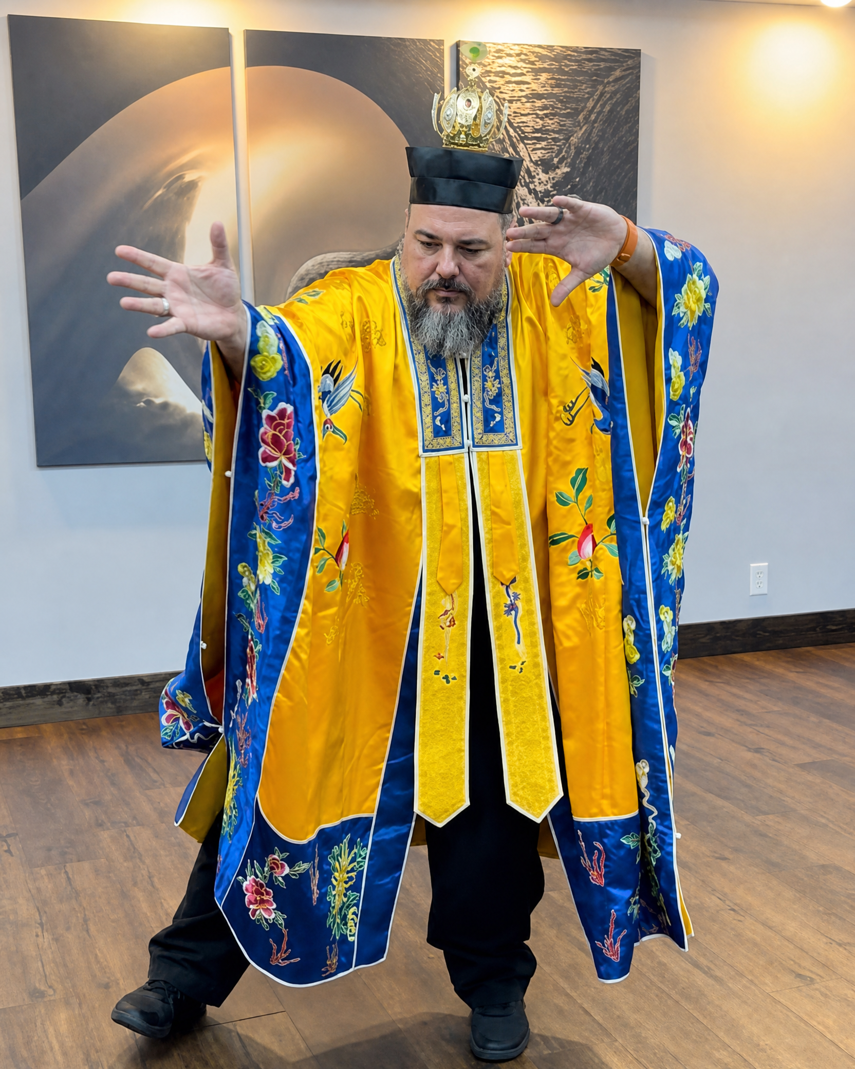 Diego in Daoist ceremonial robes — practitioner at work