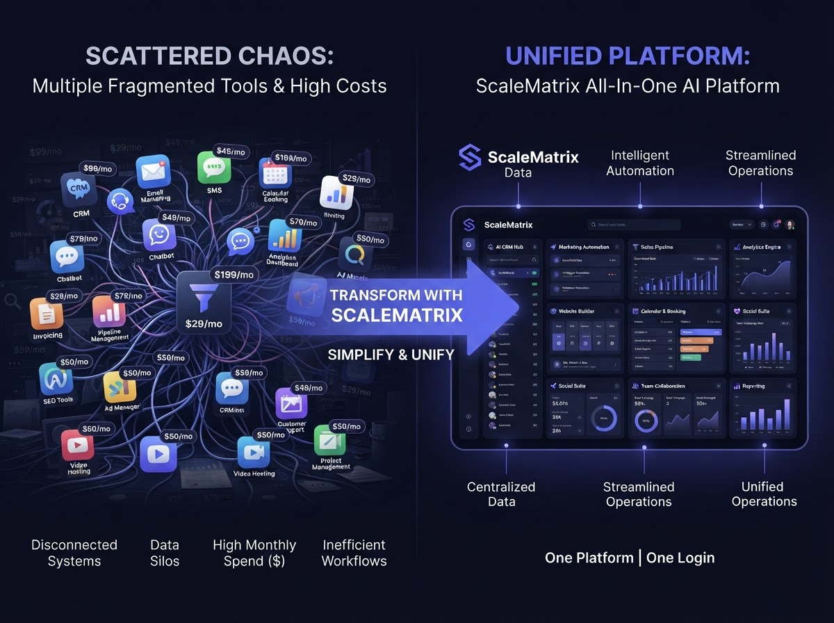 ScaleMatrix replaces 20+ separate tools — one unified AI platform for CRM, email marketing, SMS, booking, funnels, and more