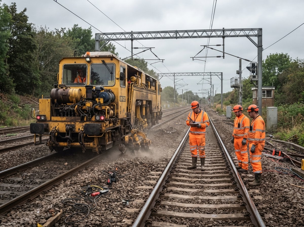 Rail engineering works with excavator maintaining track ballast on UK railway infrastructure