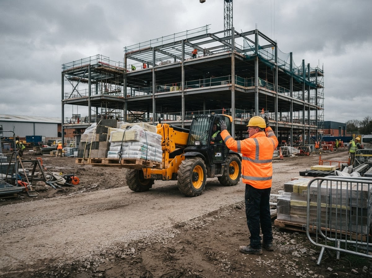 Sterling Path site operative directing telehandler loading construction materials on UK infrastructure project