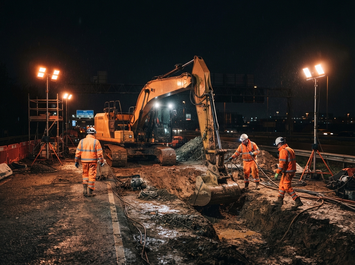 Sterling Path package works team operating excavators and dump trucks during night shift on UK infrastructure project