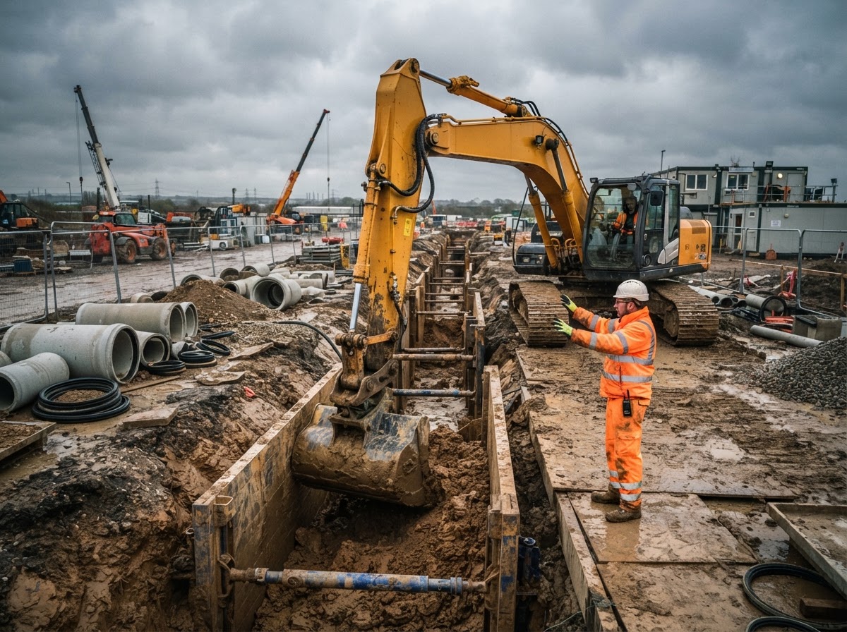 Excavator operating at night on UK highways project with trained Sterling Path operative