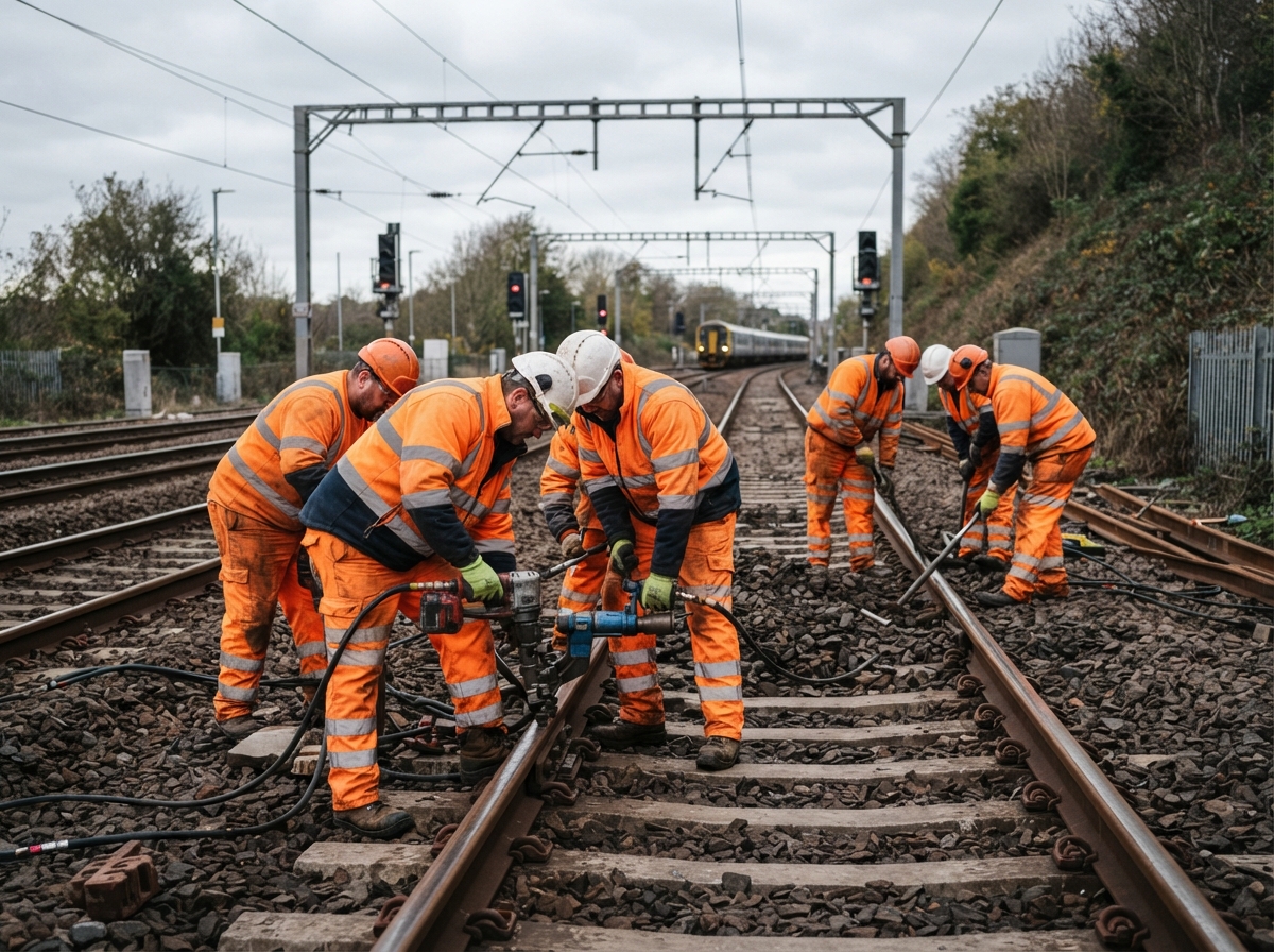 Railway maintenance workers in orange high-vis PPE working on track maintenance along UK railway line