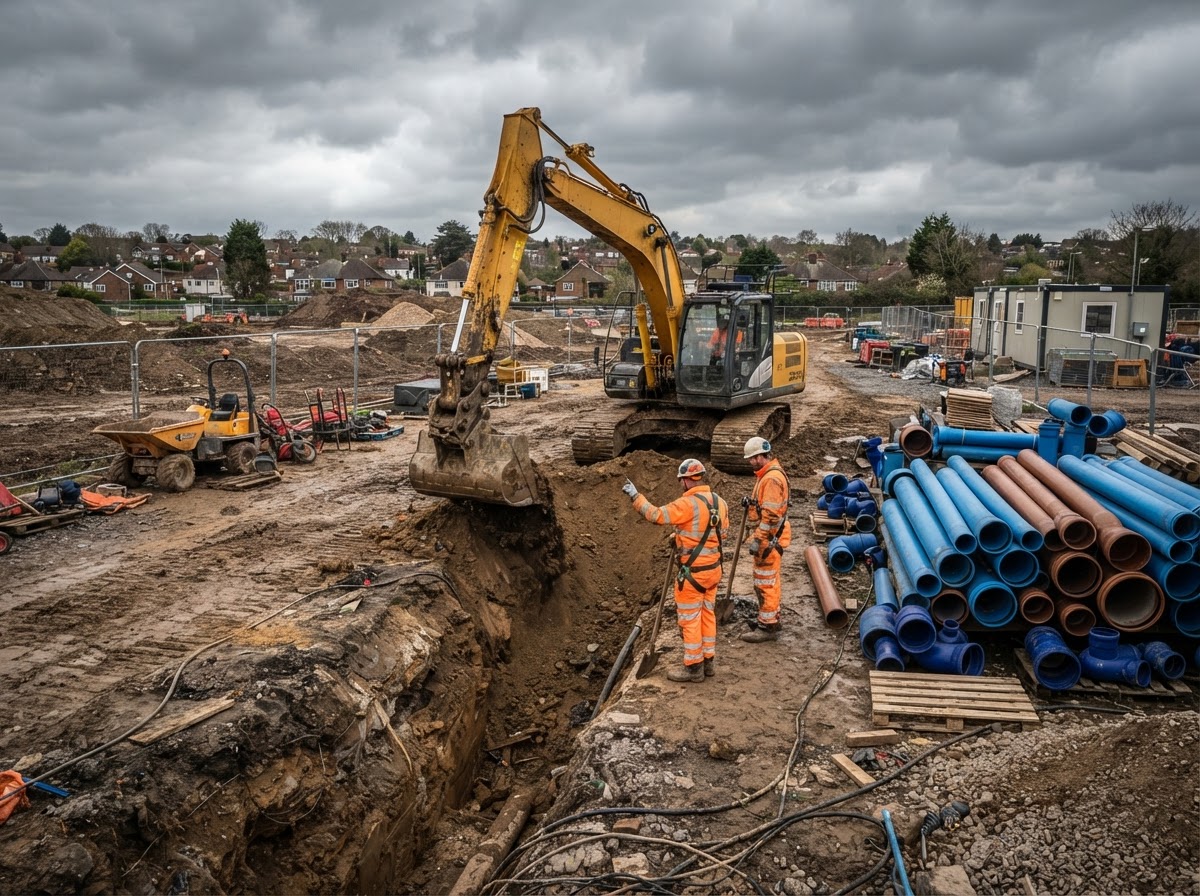 Civil engineering operatives at work on UK infrastructure project