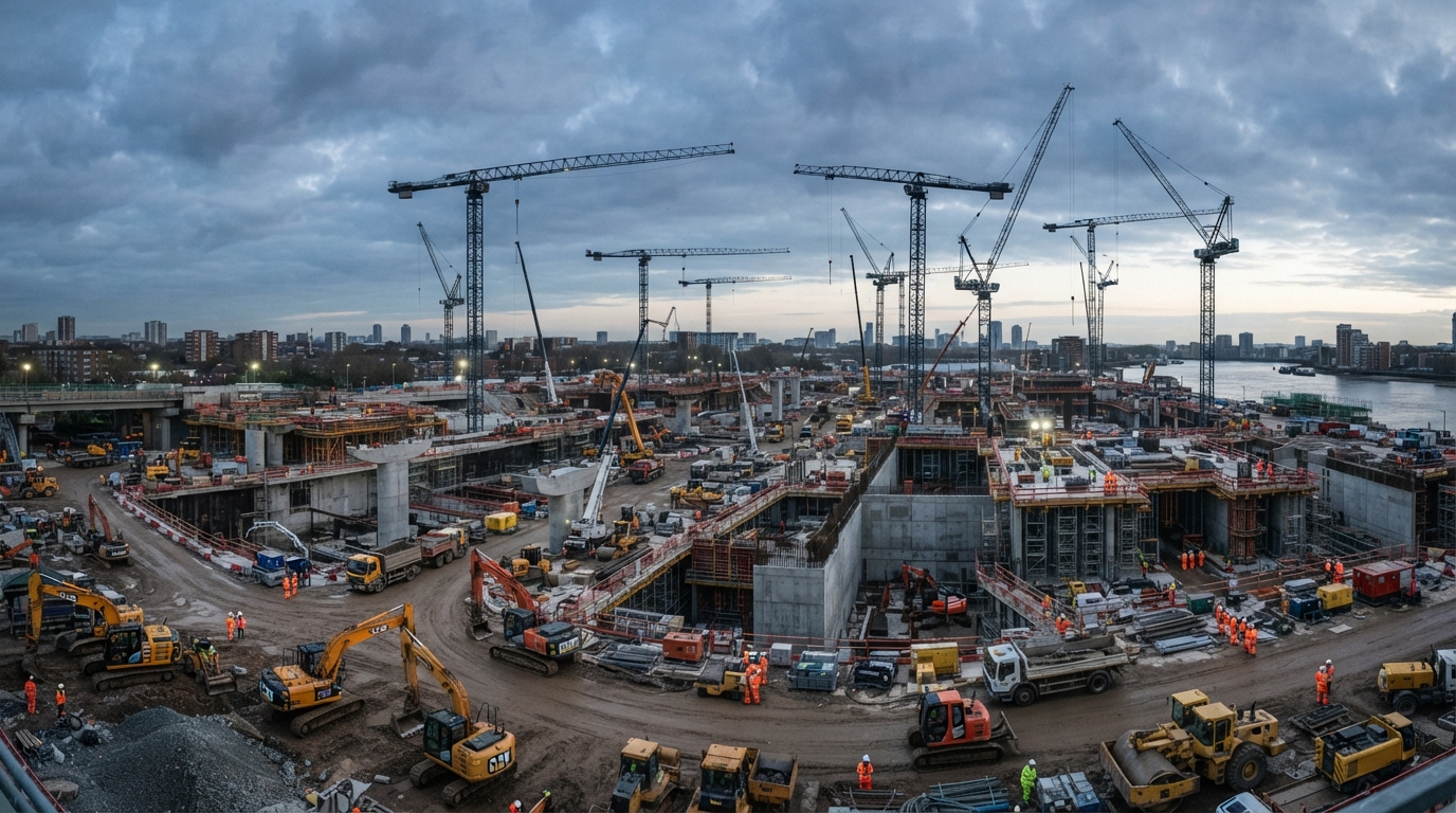 Major UK infrastructure construction site with cranes and heavy machinery