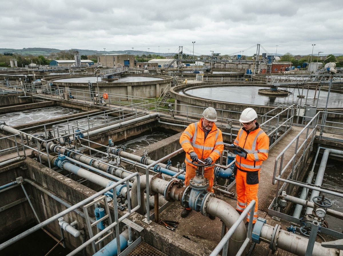 Sterling Path operatives performing maintenance on UK water treatment utility infrastructure with full safety equipment