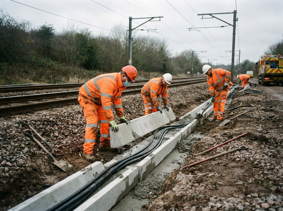 Railway cable troughing installation along UK trackside with operatives laying protective cable routes