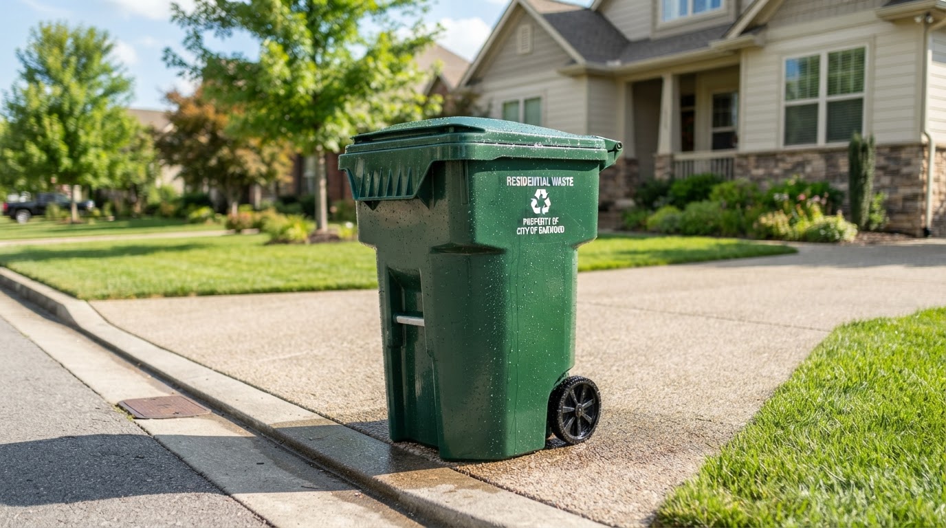 Sparkling clean trash bin at a suburban curb after professional cleaning by Shiny Bins