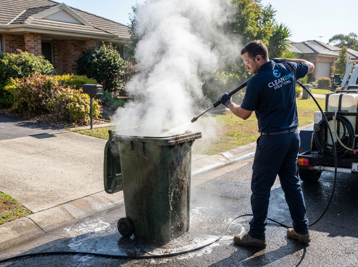 Shiny Bins worker pressure washing a trash bin with hot water and steam at a suburban curb