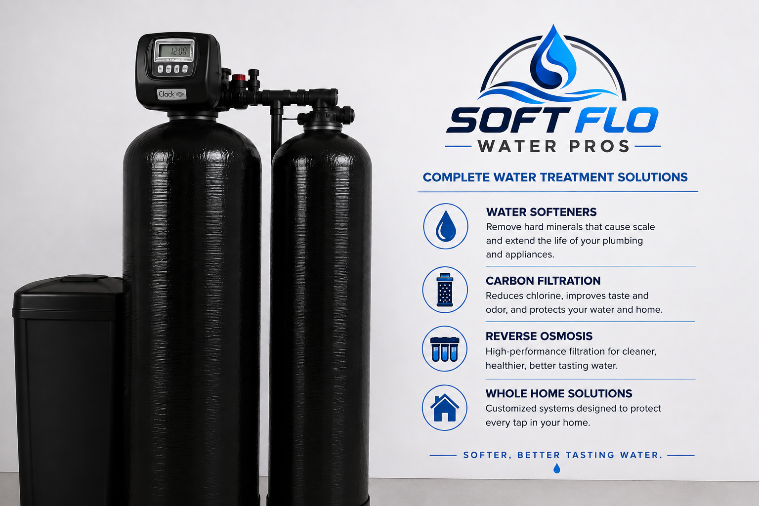 Complete water treatment solutions - Water softeners, carbon filtration, reverse osmosis, whole home systems - Soft Flo Water Pros