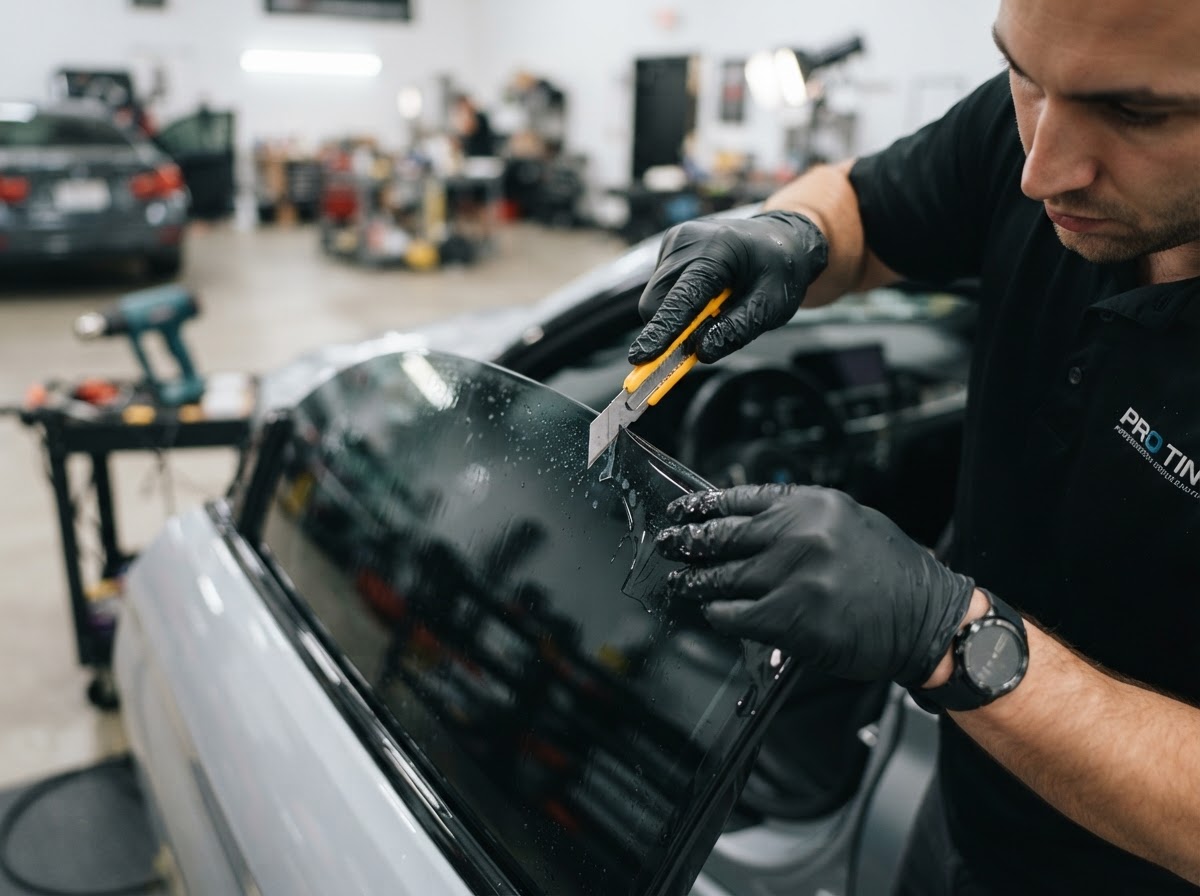 Tint film being trimmed on coupe side window — Tinted by TK