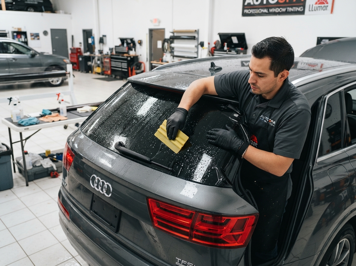 Installer applying tint film to SUV rear window — Tinted by TK