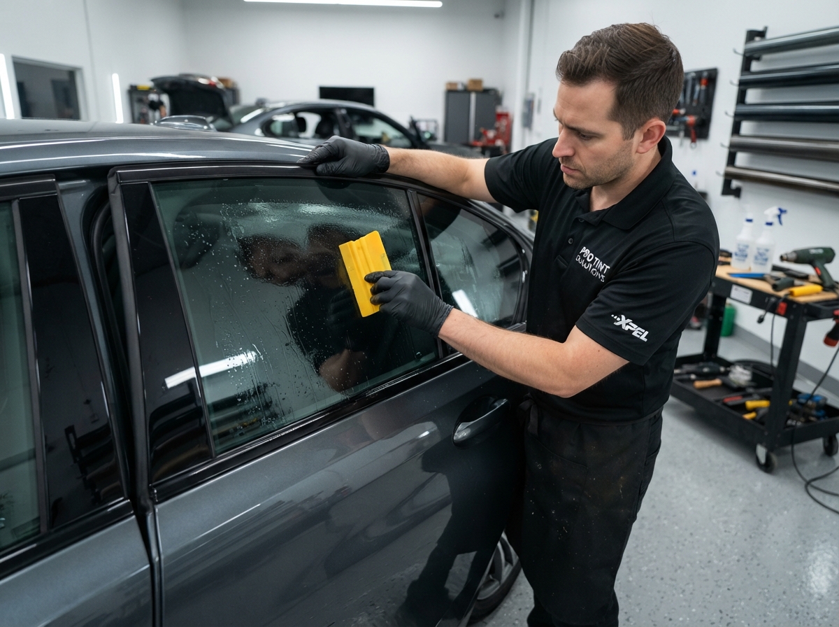 Installer applying ceramic window tint to sedan with squeegee — Tinted by TK